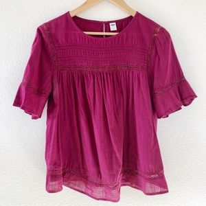 Old Navy magenta top with pleating + eyelets